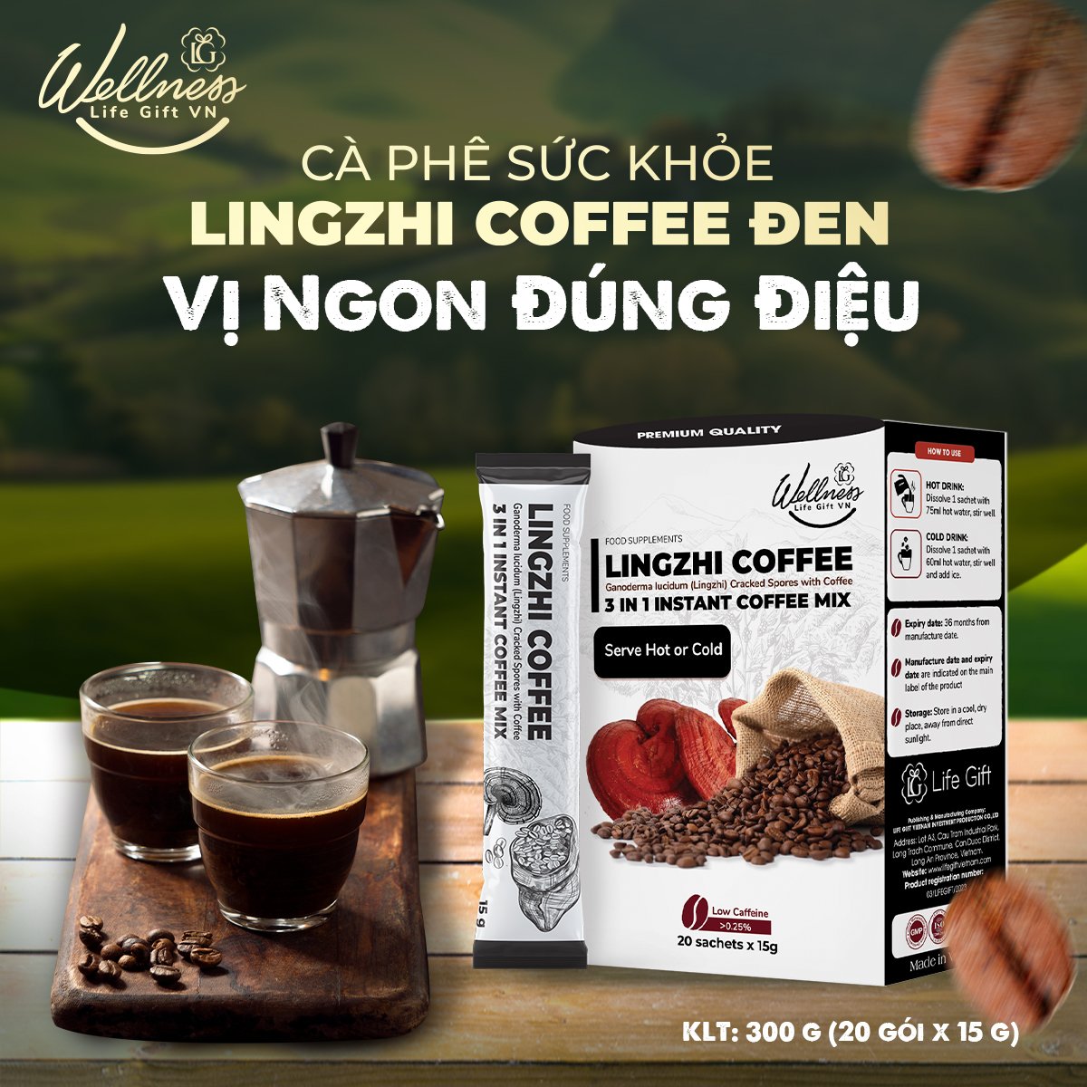 Cà phê sức khỏe Lingzhi đen 20 gói x15g Việt Nam 3 trong 1